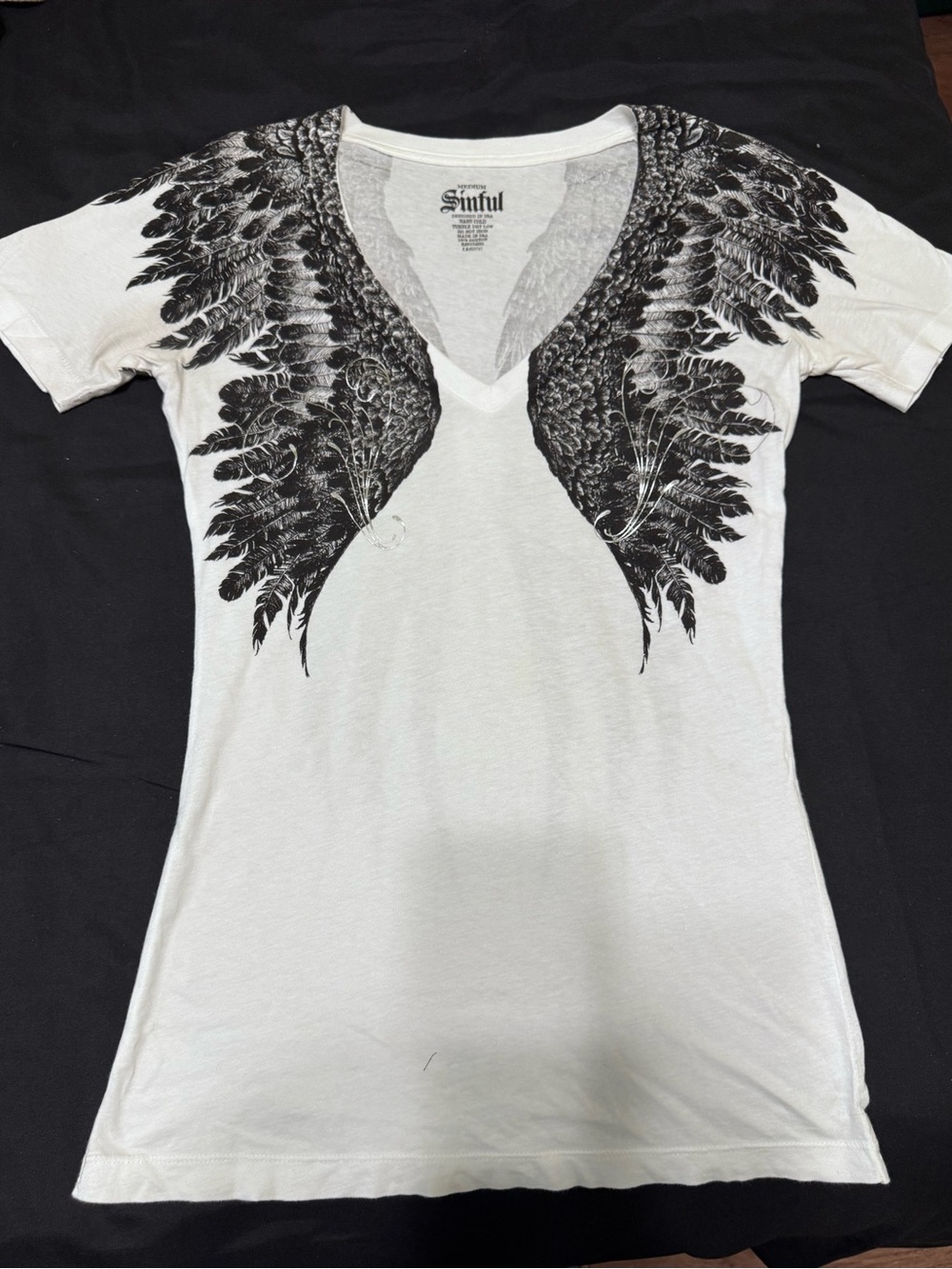Sinful White V-Neck Tee with Black Feather Wing Print